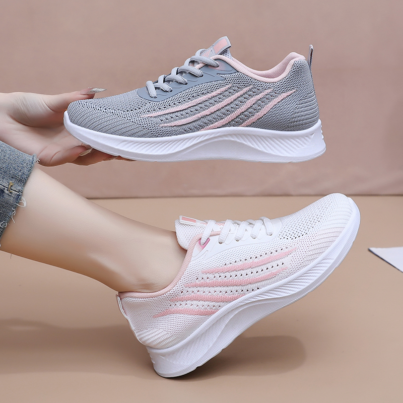 Knit Fabric Lace Up Sneakers - أحذية رياضية نسائية خفيفة الوزن بتصميم