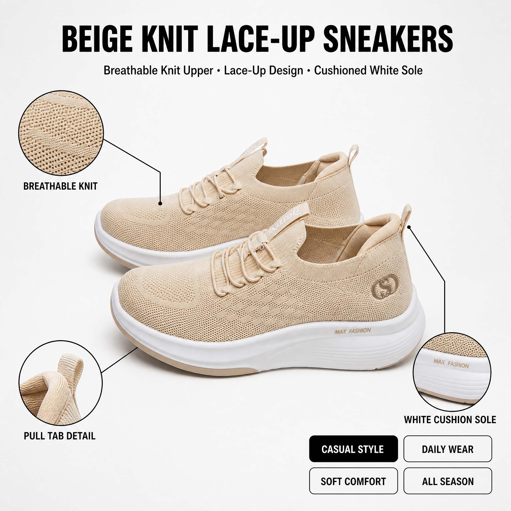 Knit Fabric Lace Up Sneakers - أحذية نسائية منسوجة ذات نعل سميك،